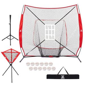 lot 261 image: Baseball Softball Practice Net with Strike Zone & Ball Caddy Stand Baseball Hitting Practice Set. No baseballs as in factory pictures.  Does include 2 weighted practice balls.