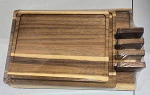 lot 264 image: MC-A126 Acacia Wood Cutting Board Set with Base - 3 Piece Retail $43.10