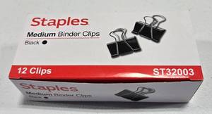 lot 266 image: Staples Medium Black Binder Clips 12 Pack $9.99
