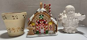 lot 290 image: Christmas Holiday Decoration Bundle with Gingerbread House and Santa Candleholder