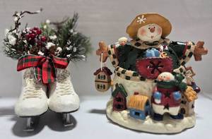 lot 291 image: Christmas Holiday Decorations Set with Ceramic Snowman Figurine and Ice Skate Planters, pre-owned