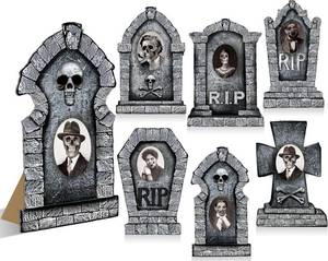 lot 5335 image: 6 Pcs Cardboard Graveyard Tombstones Cutout Decorations Indoor with Scary 3D Changing Face Photos 16 Large Paper Rip Tombstone Headstones Signs for Home Haunted Indoor(Brick)
