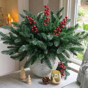 lot 5341 image: Ivydale 15Pcs Faux Pine Branches Norfolk Stem for Christmas Decoration, Artificial Greenery Plants Pine Needles with Red Berries for Table DIY Home Winter Indoor Vase Real Touch Christmas Decorations