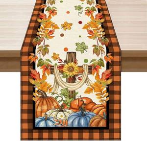lot 5353 image: XCHI Fall Cross Pumpkin Maple Leaves Plaid Table Runner Table Decoration for Kitchen Dining Dinner Thanksgiving Autumn Home Decor 13x72 Inch