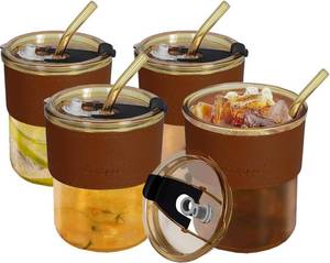 13oz Glass Tumbler with Lid and Straw Set of 4, Reusable Thickened Drinking Glasses for Iced Coffee, Tea, Leakproof & Insulated Cups, Amber