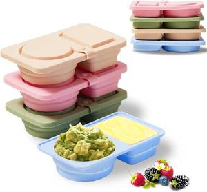 lot 5407 image: 4 Pack Silicone Snack Containers with Lids Reusable & Foldable Silicone Double Compartment Leakproof Food Storage Box for Salad Dressing, Sauces, Travel, Picnic, Office