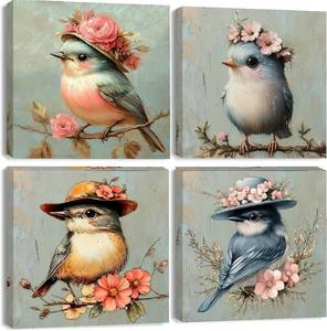 lot 5409 image: Clendo 4 Pack Bird Paint by Numbers Kit for Adults Beginners Framed - DIY Vintage Adults Paint by Numbers Kits on Canvas with Frame, Small Easy Acrylic Oil Painting for Home Wall Decor (8 x 8 Inch)