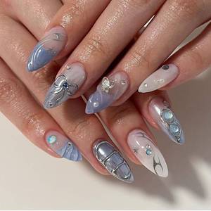 lot 5415 image: French Tip Press on Nails Blue Tip Fake Nails Medium Almond False Nails with Rhinestone Designs Silver Bow Glue on Nails Cute Stick on Nails Full Cover Glossy Acrylic Nails White Artificial Nails