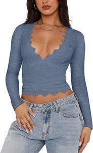 lot 5442 image: REORIA Womens Fall Sexy V Neck Double Lined Long Sleeve Shirts Cute Slim Fitted Lace Trendy Y2K Going Out Tops for Women Teen Girls Dove Blue Large