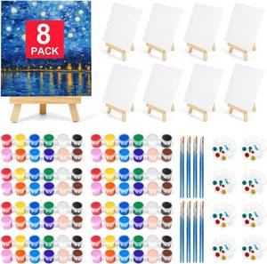 lot 5466 image: 8 Pack 8  10In Canvas Boards for Painting, Art Canvas for Drawing with 16 Brushes & 8 Paint Trays & 16 Acrylic Paint, Mini Painting Canvas with Easel Set, Painting Kits for Adults Party