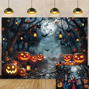 lot 5468 image: Halloween Forest Night Backdrop Horror Pumpkin Lantern Full Moon Misty Pathway Photography Background Kids Adult Creepy Ghost Themed Birthday Party Decoration Banner (7x5FT)