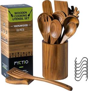 lot 5469 image: 12 PCS Acacia Wooden Spoons for Cooking - Heat-Resistant, Comfort Grip,Easy to Clean, Non-stick Friendly - Kitchen Utensil Set with Holder, Spoon Rest & 6 Hooks, Ideal for Gifting