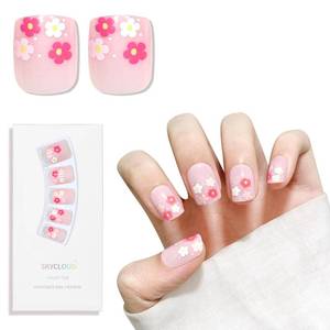 lot 5492 image: Skycloud Pink Flower Press on Nails,12 Sizes - 24 Pcs Short Squoval Pretty Bloom Glossy Fake Nails Kit with Glue,Reusable Stick On False Nails for Women Girls SK1057