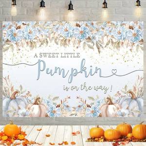 lot 5506 image: MEHOFOND 7x5ft Fall Pumpkin Baby Shower Backdrop for Boys A Little Pumpkin is On The Way Decorations Banner Autumn Blue Pumpkin Baby Shower Photography Background Party Cake Table Banner