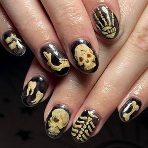 lot 5514 image: Lot Of 2 24Pcs Halloween Flowers Press on Nails, Short Almond Fake Nails with Skeleton Designs, Glossy Artificial Nails Full Cover Stick on Nail, Glue on Nail for Women Nail Art DIY