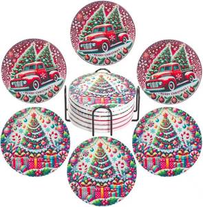 lot 5524 image: Christmas Ceramic Coasters Set of 6 with Metal Holder   2 Festive Designs (Red Truck & Christmas Tree)   Holiday Drink Coasters for Home, Kitchen, or Gift