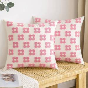 lot 5526 image: EMEMA Decorative Throw Pillow Covers Daisy Sun Flower Jacquard Pillowcase Cushion Case Square for Couch Sofa Bed Living Room Bedroom Set of 2, 16x16 Inch, Pink and White