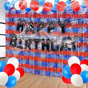 lot 5532 image: Lot Of 2 Spider Web Birthday Party Decorations, 3.3 x 6.6ft 2Pcs Foil Fringe Spider Red Blue Backdrops, 1Pcs Black Happy Birthday Balloons Banner, Spider Birthday Party Supplies for Photo Booth Props Boys