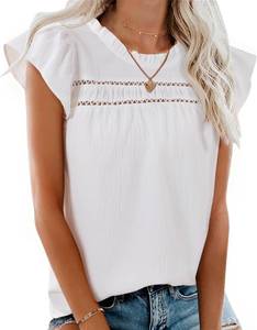 lot 5545 image: siliteelon Ruffle Sleeve Tops for Women Crewneck Eyelet Textured Blouse Cute Blouse Ladies Casual Spring Summer Outfits White M