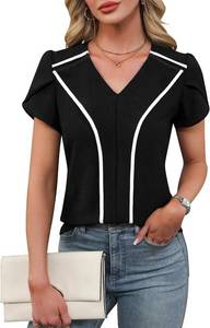 lot 5548 image: BMJL Womens Blouses Dressy Casual Short Sleeve Shirts Work Business Outfit Trendy Summer Tops - Size L