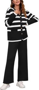 lot 5552 image: Viottiset Womens 2 Piece Outfits Stripe Sweatsuit Set Long Sleeve Button Sweatshirt Wide Leg Sweatpants Lounge Set Large