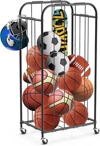 lot 5564 image: Basketball Storage Rack Metal Ball Holder with Wheels, Elastic Rope Sports Equipment Organizer for Garage, Room, Home, Gym and School Rolling Sports Ball Storage Cart