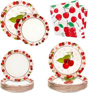 lot 5575 image: 180PCS Cherry Party Decorations   Cherry Fruit Party Tableware Set with Disposable Paper Dinner Plates, Dessert Plates & Napkins for Baby Shower Birthday Party Supplies