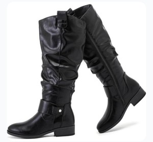 lot 5583 image: Womens Man Made Leather Black Pu 124 Knee High Flat Tall Zipped Round Toe Boot Size 8.5