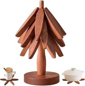 lot 5584 image: Wooden Tree Trivets for Hot Dishes - Set of 3 with Stand, Natural Foldable Kitchen Trivets for Pots, Pans, Bowls & Teapots - Walnut