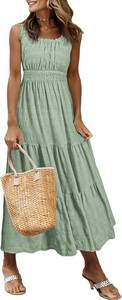 lot 5596 image: AlvaQ Women Summer Dresses Sleeveless Smocked Midi Dress High Waist Casual Tiered A Line Sundress with Pockets Small