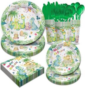 lot 5599 image: 168Pcs Watercolor Dinosaur Decorations - Dinosaur Theme Birthday Party Supplies Includes Plates Cups Napkins Cutlery Tableware for Boys Baby Shower  Serves 24