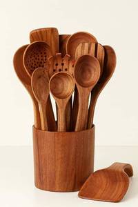 lot 5611 image: Wooden Spoons for Cooking, 12 Pcs Wooden Cooking Utensils Set with Holder and Spoon Rest   Wooden Utensil Set for Nonstick Pans & Cookware   Teak Wood   Durable, Lightweight & Heat Resistant