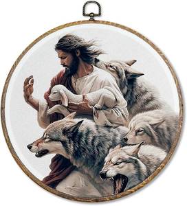 lot 5623 image: Sufamb Christian Jesus and Lamb Round Wall Art Decor, Jesus Saves the Lamb Canvas Artwork Framed, Religious Bible Verse Wall Hanging Prints Decorations for Home Bedroom Church Decor, 10x10 Inches