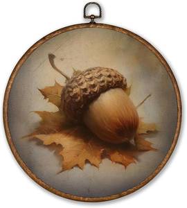 lot 5624 image: Lot Of 2 Voxitura Vintage Fall Acorn Wall Art Round Framed, Rustic Farmhouse Maple Leaf Wall Decor Canvas Hanging Living Room, Autumn Prints Artwork Decorations for Kitchen Bedroom Thanksgiving Harvest 10x10in