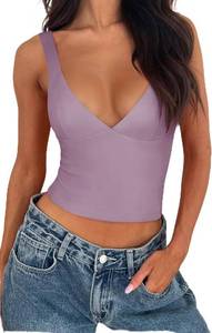 REORIA Women's Summer Sexy Deep V Neck Sleeveless Slim Fit Trendy Y2k Corset Cami Crop Tank Tops Small