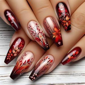 lot 5687 image: Long Press on Nails, Fall Red Brown Fake Nail, Full Cover Maple Leave Acrylic Nails, Glossy Red with Butterfly Leaf Pearl Design False Nail, Long Glue on Nails, 24Pcs Nail Press ons for Women Decor
