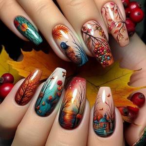 lot 5688 image: Press on Nails Medium Ballet Shaped Forest House and Bird Pattern Design Acrylic False Nail Full Cover Glossy Painting Stick on Nail DIY Reusable Manicure Art Artificial Glue on Nails for Women 24Pcs