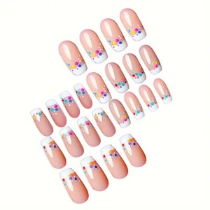 lot 5689 image: Coffin Press on Nails Long Fake Nails White French Tip Glue ons Colorful Dot Design Acrylic Ballerina Nail Supplies DIY Summer Manicure Glossy 24pcs