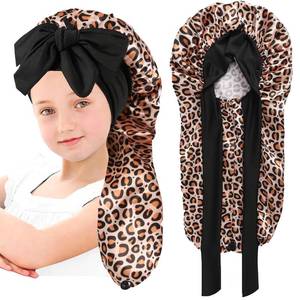 lot 5709 image: Kids Long Hair Bonnet for Sleeping, Silk Satin Bonnet with Tie Band for Curly Hair, Aged 3-12 (Leopard)