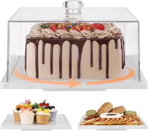 lot 5755 image: Square Cake Stand with Lid 360  Rotatable Marble Cake Plate with Acrylic Dome Stone Dessert Display Stand with Lid Cover for Cheese Pie Chips & Dips Turnable Lazy Susan Serving Platter Spinner