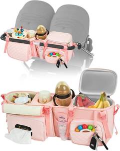 lot 5834 image: kcross Double Stroller Organizer Bag for Bob Duallie and Baby Jogger City Mini Gt2, Double Stroller Caddy Organizers with Cup Holder,Parent Console Stroller Accessories with Cooler Pockets