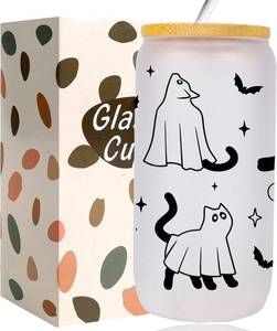 lot 5864 image: Halloween Ghost Cat Cups - Halloween Birthday Gifts, Boo Basket Stuffers for Women, Men, Spooky Gifts for Teen Girls - 16oz Glass Iced Coffee Cup wLid and Straw
