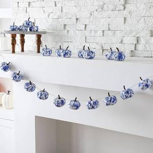 lot 5875 image: 8.2 ft Fall Decorative Blue and White Fabric Pumpkins Garland Faux Chinoiserie Chic Foam Pumpkins Banner Pre Assembled Hanging Garland for Autumn Thanksgiving Mantel Farmhouse Home Decor