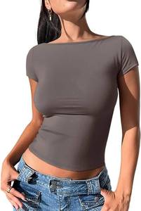lot 5888 image: REORIA Womens Casual Boatneck Cap Sleeve Basic Crop Tops Trendy Spring Summer Cotton Going Out Fashion Y2K T-Shirts Large