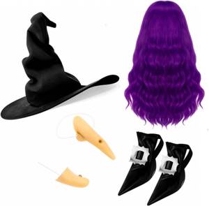 lot 8496 image: Halloween Witch Cosplay Party Costume Accessories Set Witch Hat Hair Wig Shoe Covers Nose Chin for Adult