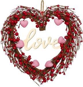 lot 8567 image: Valentines Day Wreaths for Front Door,14 Inches Artificial Red Pink Berries Valentine Heart Shaped Wreath Decor with Love Wooden Sign,Valentine Heart Wreath for Window Home Indoor,Outdoor