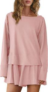 lot 8632 image: Panadila Womens Long Sleeve Short Romper Dresses Crewneck Oversized One Piece Jumpsuit Open Back Layered Casual Outfit Size XL