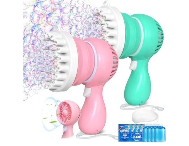 lot 1631 image: Sloosh 2 PCS Tape-C Charging Bubble Gun Toy for Ages 3-8 Boys Girls with Removable Fan, Bubble Solution, Bubble Machine Gun for Kids, Adults, Summer Toys, Party Favors, Easter, Birthday Gift, Outdoor