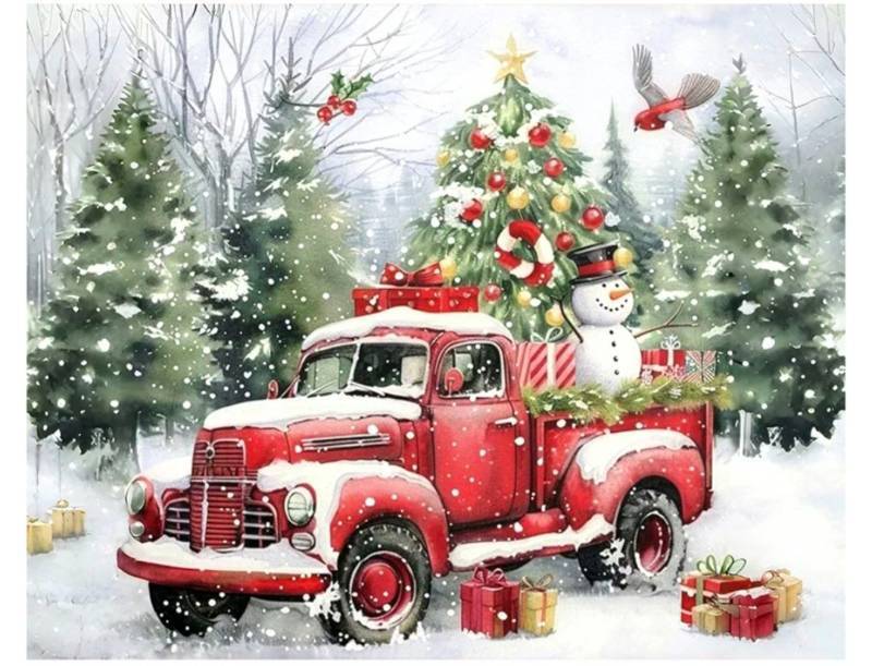 lot 1855 image: Christmas Paint by Numbers Kits for Adults - Painting by Numbers Kit Red Truck, Christmas Truck Adults Paint by Number Kits on Canvas Without Frame Acrylic Paints for Home Wall Decor 16X20 inch