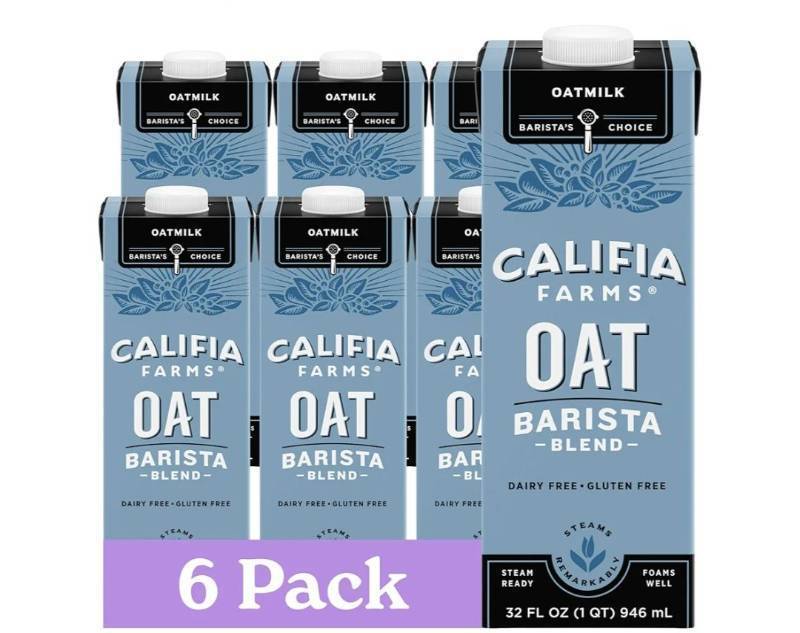 lot 1953 image: Califia Farms - Oat Barista Blend Oat Milk, 32 Oz (Pack of 6), Shelf Stable, Dairy Free, Plant Based, Vegan, Gluten Free, Non GMO, High Calcium, Milk Frother, Creamer, Oatmilk
